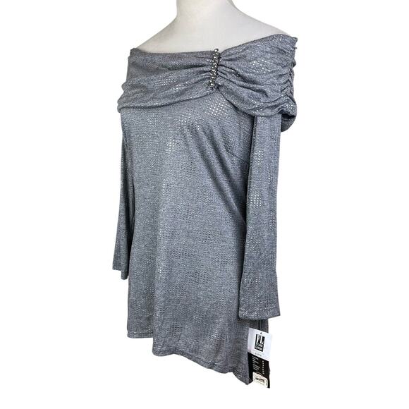 Frank Lyman NWT Dark Gray Silver Metallic Off the Shoulder Ruched Jewel Top - Picture 2 of 12